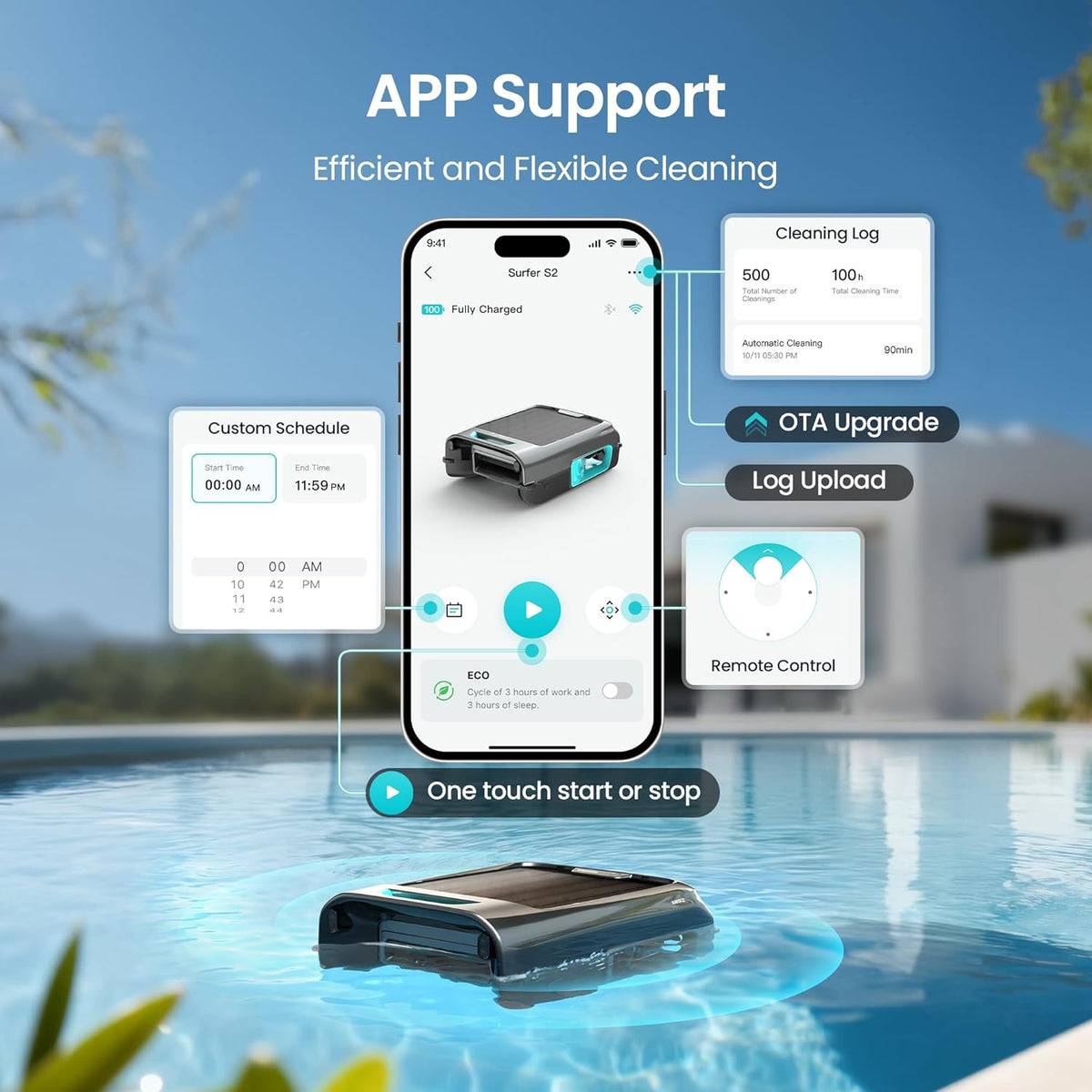 AIPER EcoSurfer S2 Solar Powered Pool Surface Skimmer Robot with APP Support, 24/7 Continuous Cleaning, Dual Charging Modes, Smart Obstacle Avoidance, 150-um Filtration, OTA Upgrade, Gray