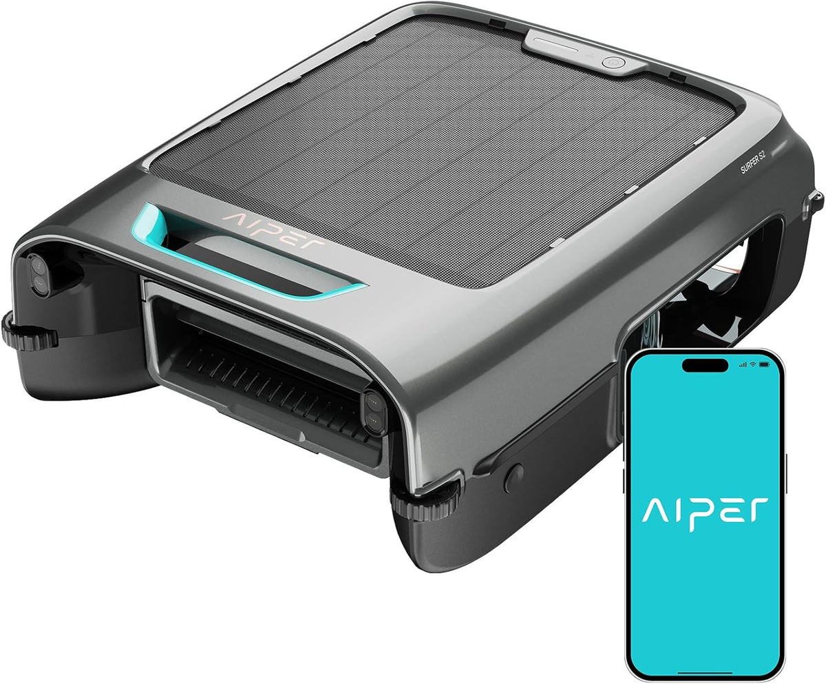 AIPER EcoSurfer S2 Solar Powered Pool Surface Skimmer Robot with APP Support, 24/7 Continuous Cleaning, Dual Charging Modes, Smart Obstacle Avoidance, 150-um Filtration, OTA Upgrade, Gray