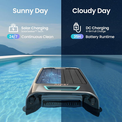 AIPER EcoSurfer S2 Solar Powered Pool Surface Skimmer Robot with APP Support, 24/7 Continuous Cleaning, Dual Charging Modes, Smart Obstacle Avoidance, 150-um Filtration, OTA Upgrade, Gray